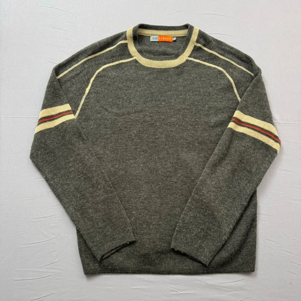 Golf Street Mens XL Crewneck Sweater Grey Racing Stripe Raglan Long Sleeve Knit